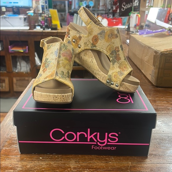 Camel Washed Flower Carley Wedge - Corkys - Picture 1 of 5